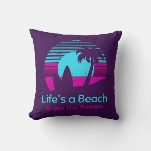 Retro Sunset Surfboard Palm Tree Life's a Beach Throw Pillow