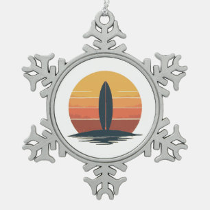 Retro Sunset Surfboard Snowflake Pewter Christmas Ornament