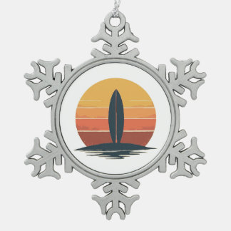 Retro Sunset Surfboard Snowflake Pewter Christmas Ornament