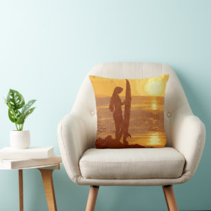 Retro Sunset Surfer Girl Throw Pillow