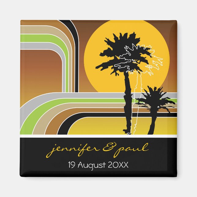Retro Sunset Tropical Palm Trees Save The Date Magnet (Front)