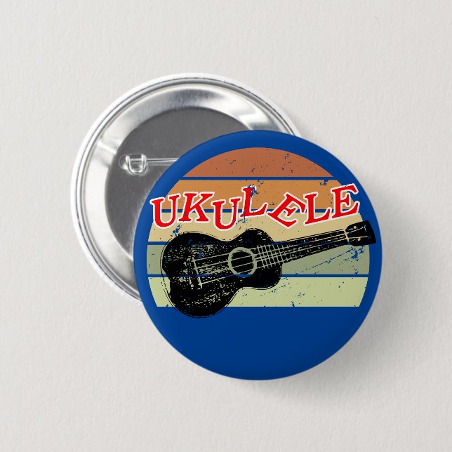Retro Sunset Ukulele Distressed Drawing Blue 2 Inch Round Button (Front & Back)