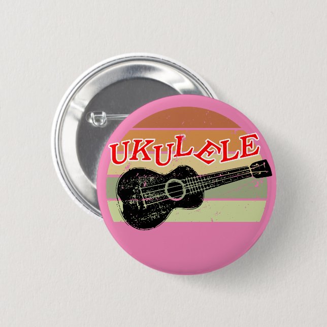 Retro Sunset Ukulele Distressed Drawing Pink 2 Inch Round Button (Front & Back)