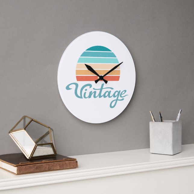 Retro Sunset+Vintage Script Distressed Large Clock (Office)