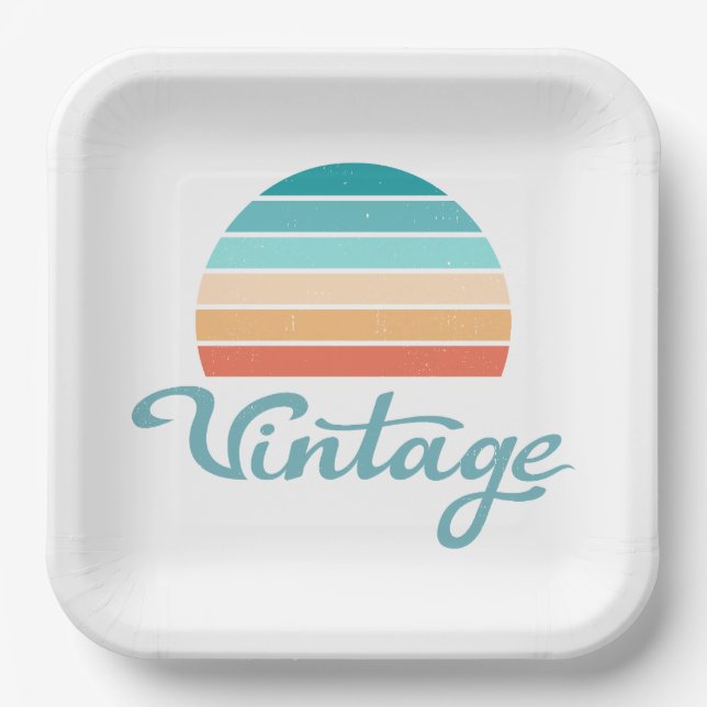 Retro Sunset+Vintage Script Distressed Paper Plate (Front)