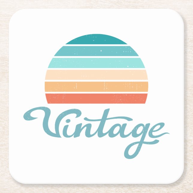 Retro Sunset+Vintage Script Distressed Square Paper Coaster (Front)
