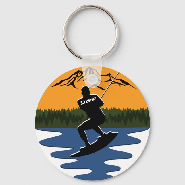 Retro Sunset Wakeboard Water Skiing Name Keychain (Front)