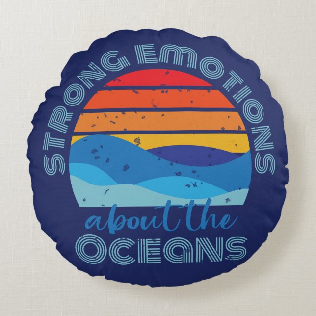 Retro Sunset Waves Ocean Saying Round Pillow (Front)