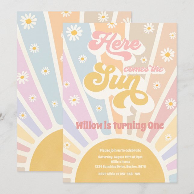 Retro Sunshine Birthday Here Come The Sun Party Invitation (Front/Back)