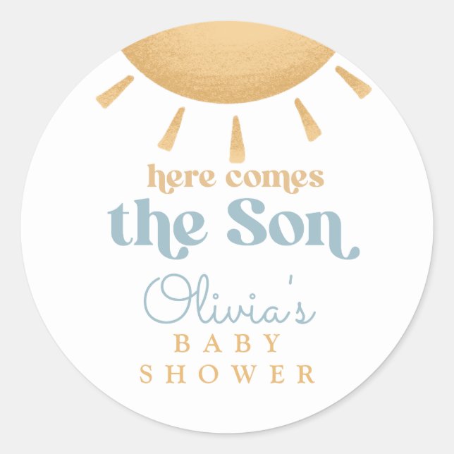 Retro Sunshine Boy Baby Shower Classic Round Sticker (Front)