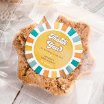 Retro Sunshine Boy Baby Shower Thank You Favours Classic Round Sticker<br><div class="desc">Drenched in retro sunshine,  this design is a wonderful blend of nostalgic aesthetics and contemporary functionality. The motif is a stunning array of muted yellow,  blue,  orange,  and terracotta hues that create a warm and inviting atmosphere right off the bat.</div>