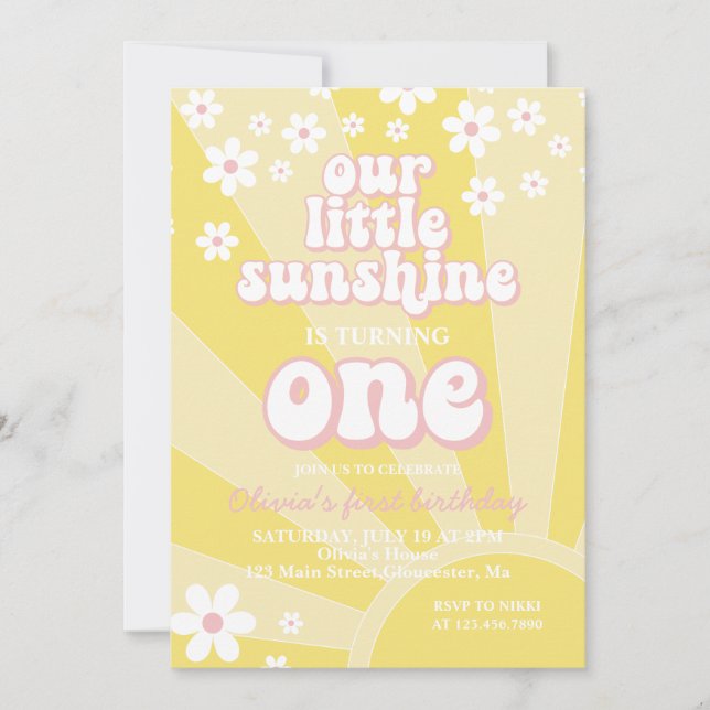 Retro Sunshine daisy boho floral first birthday Invitation (Front)