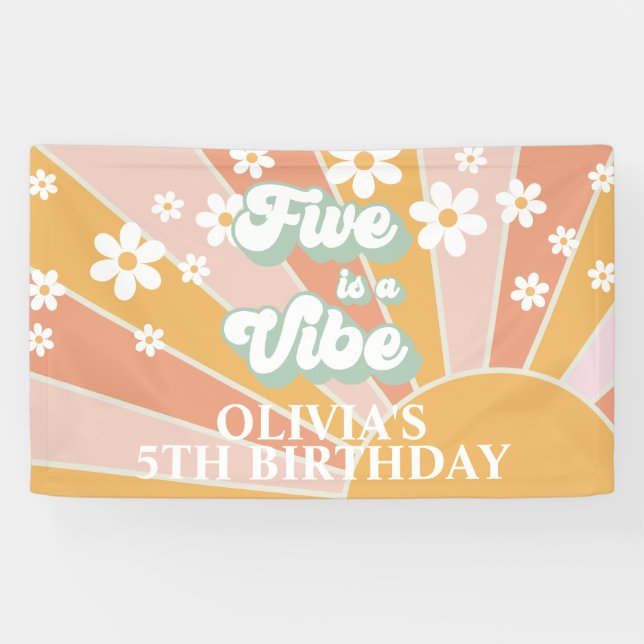 Retro Sunshine FIVE is a Vibe Daisy Birthday Banner (Horizontal)
