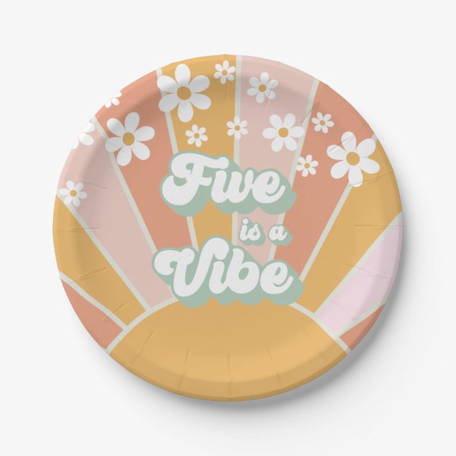 Retro Sunshine Five is a Vibe Hippie floral Paper Plate (Front)