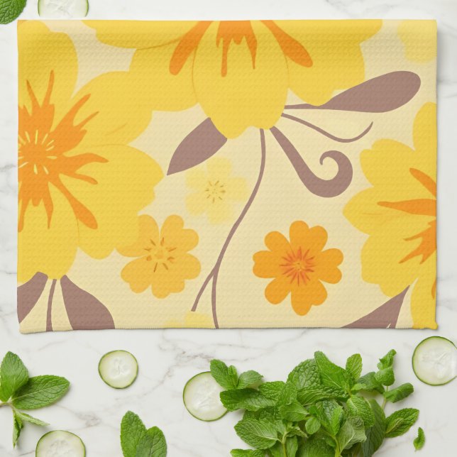 Retro Sunshine Floral Pattern-Yellow Flowers Kitchen Towel (Folded)