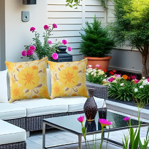 Retro Sunshine Florals-Yellow Flowers Outdoor Pillow