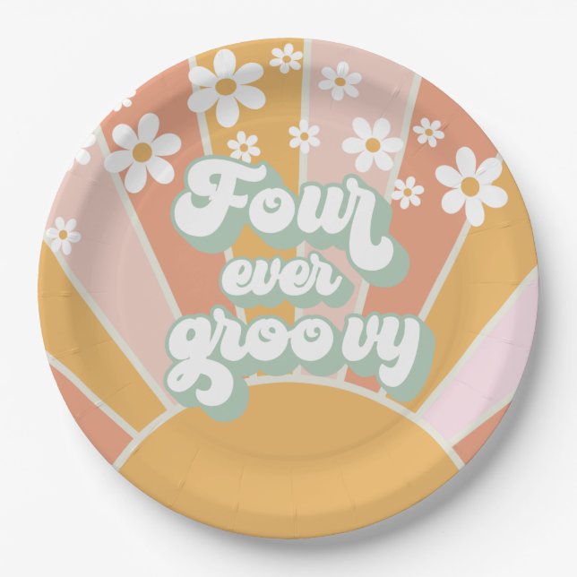 Retro Sunshine Four Ever Groovy Daisy Paper Plate (Front)