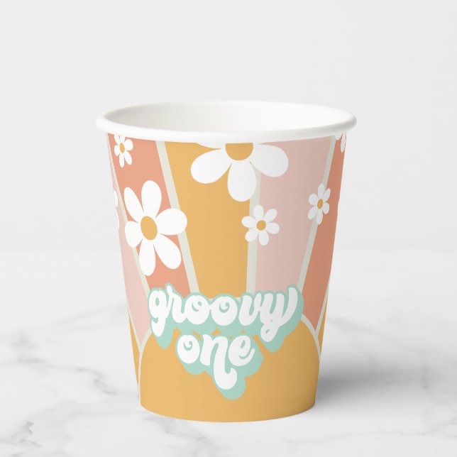 Retro Sunshine Groovy One Daisy Birthday Paper Cup (Front)