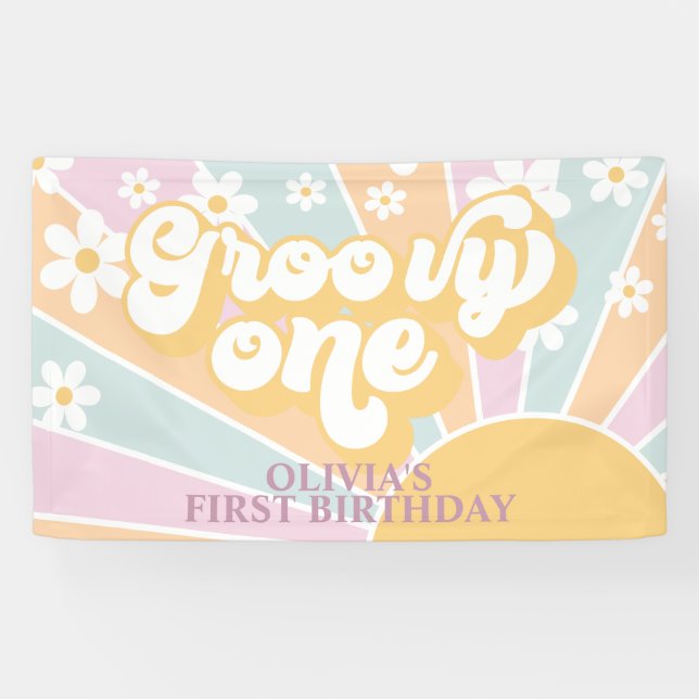 Retro Sunshine Groovy One Pastel Daisy Birthday Banner (Horizontal)