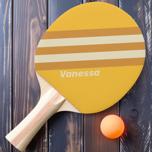 Retro Sunshine Mustard Stripes with Name Ping Pong Paddle (Creator Uploaded)