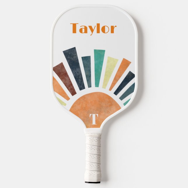 Retro Sunshine Orange White Green Modern Monogram  Pickleball Paddle (Back)