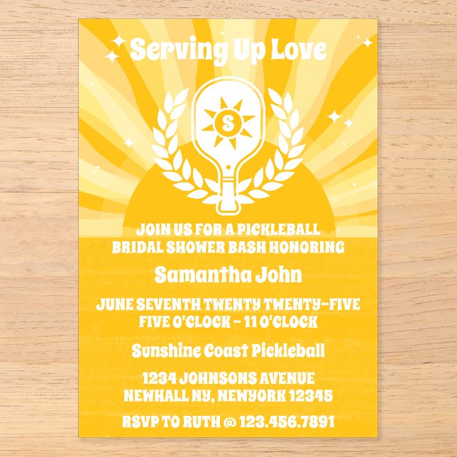 Retro Sunshine Pickleball Bridal Shower Acrylic Invitations (Front)