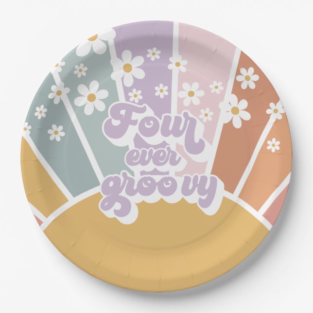 Retro Sunshine Rainbow Daisy 4th Birthday Paper Plate (Front)