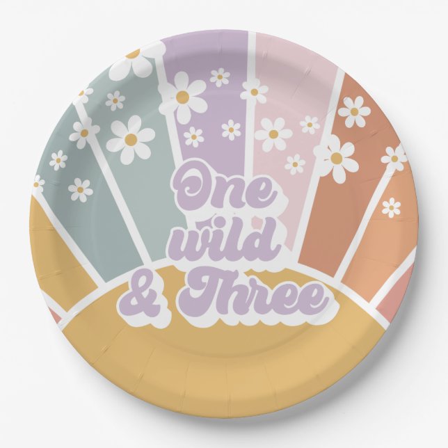 Retro Sunshine Rainbow Daisy One Wild Three Paper Plate (Front)