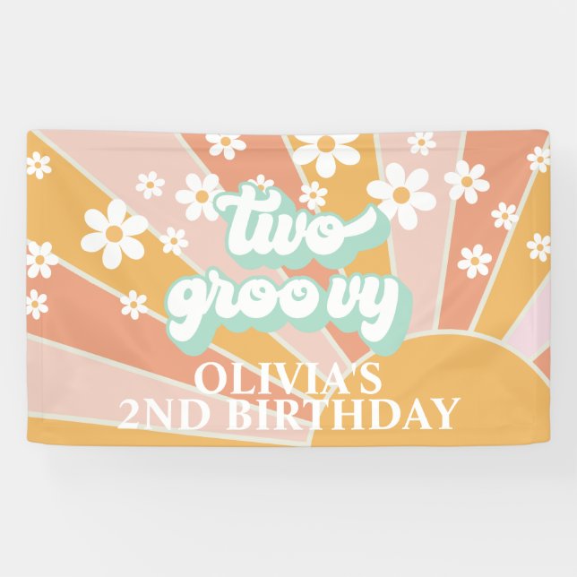 Retro Sunshine Two Groovy Daisy Birthday Banner (Horizontal)