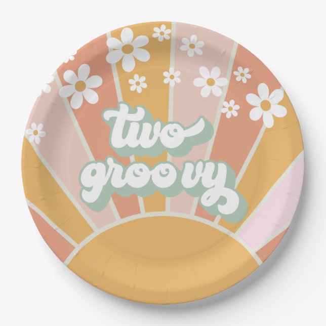 Retro Sunshine Two Groovy Daisy Birthday Paper Plate (Front)