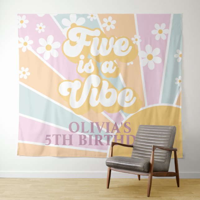 Retro Sunshine Two Groovy Pastel Daisy Birthday Ba Tapestry (In Situ (Horizontal))