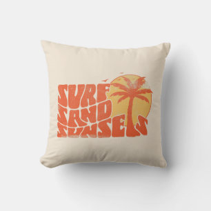 Retro Surf Sand Sunsets Beach Life Palm Tree Throw Pillow
