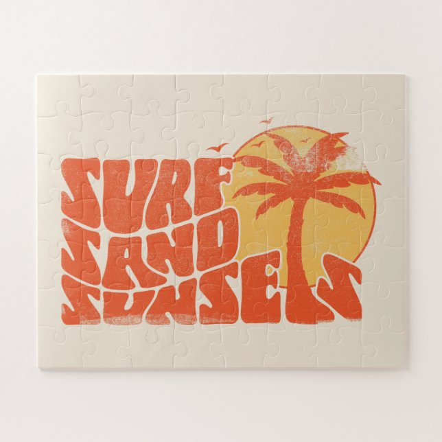 Retro Surf Sand Sunsets Palm Tree Beach Vibes Jigsaw Puzzle (Horizontal)