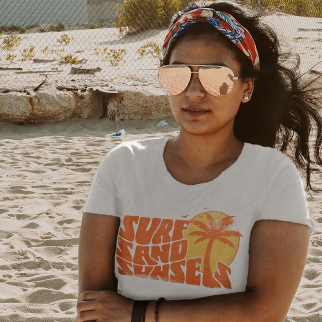 Retro Surf Sand Sunsets Palm Tree Beach Vibes T-Shirt (Creator Uploaded)