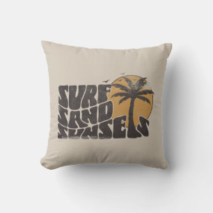 Retro Surf Sand Sunsets Palm Tree Beach Vibes Throw Pillow