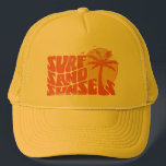 Retro Surf Sand Sunsets Palm Tree Beach Vibes Trucker Hat<br><div class="desc">Retro Surf Sand Sunsets Palm Tree Beach Vibes t-shirt is the perfect addition to your summer wardrobe. Whether you're hitting the waves or just lounging on the sand,  this tee has got you covered. Let’s Get ready for a summer filled with surf,  sand,  and unforgettable sunsets.</div>