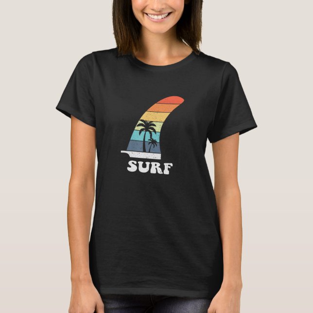 Retro Surf Surfboard Longboard SUP Fin Palm Tree B T-Shirt (Front)