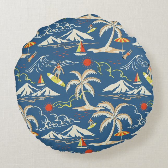 Retro Surf Tropical Pattern Round Pillow (Back)