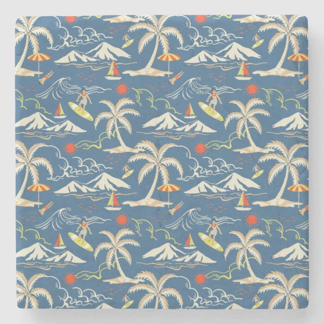 Retro Surf Tropical Pattern Stone Coaster (Front)