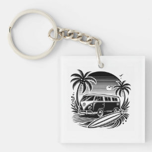 Retro Surf Van & Palm Trees Design Keychain