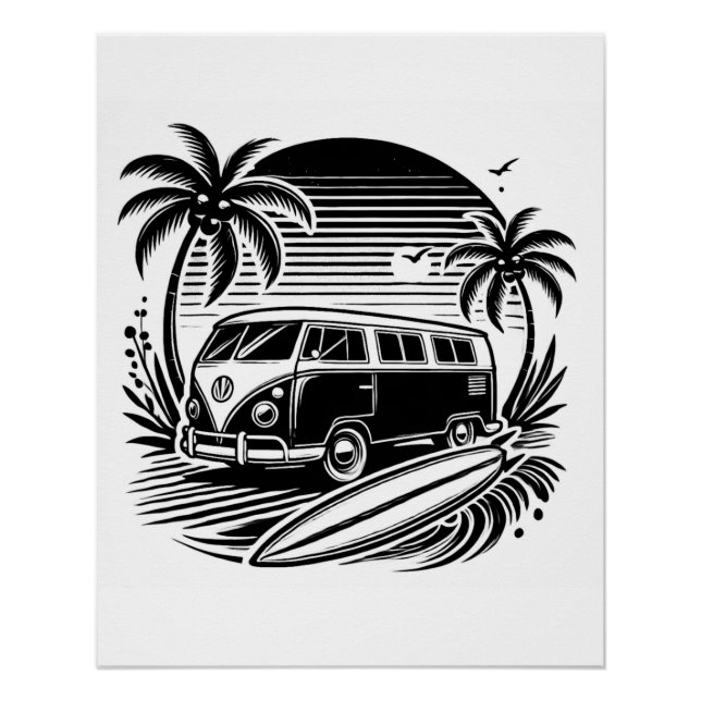 Retro Surf Van & Palm Trees Design Poster brillant (Devant)
