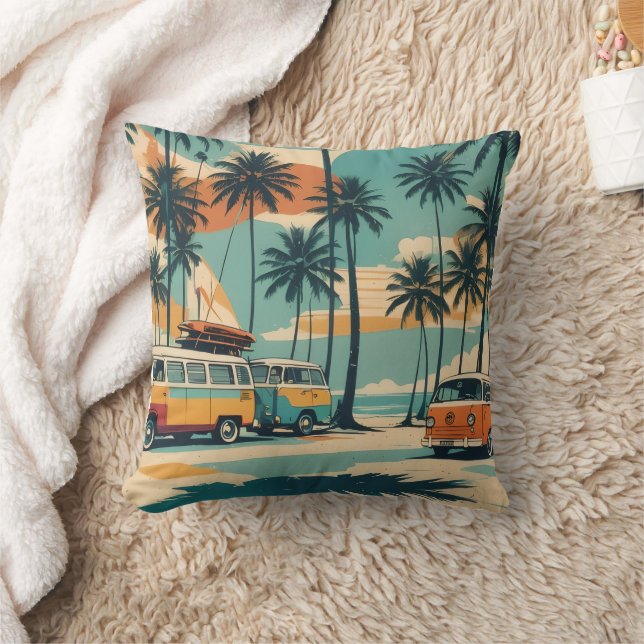 Retro Surf Van & Palm Trees  | Tropical  Throw Pillow (Blanket)