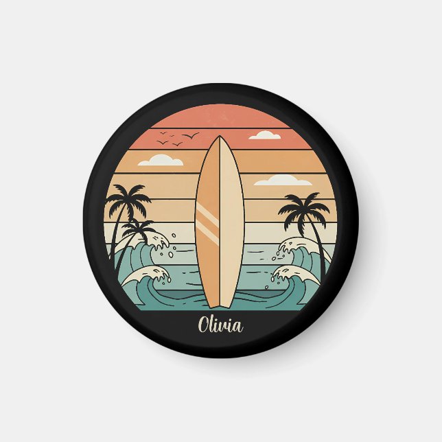 Retro Surf Vibes - Surfboard & Waves Magnet (Front)