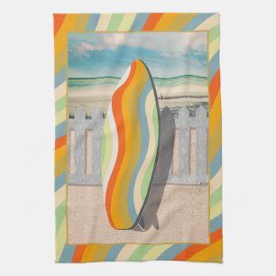 Retro Surfboard Pelican Wavy Stripe Art Kitchen Towel