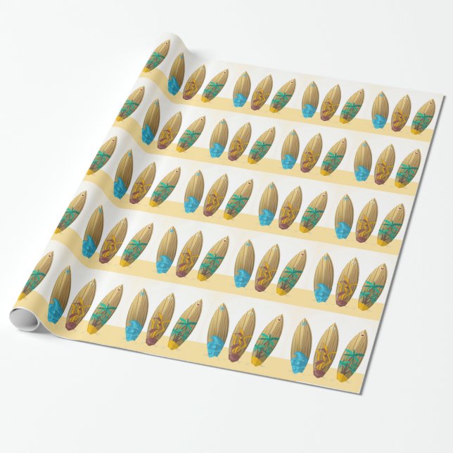 Retro surfboard trio summer beach wrapping paper (Unrolled)