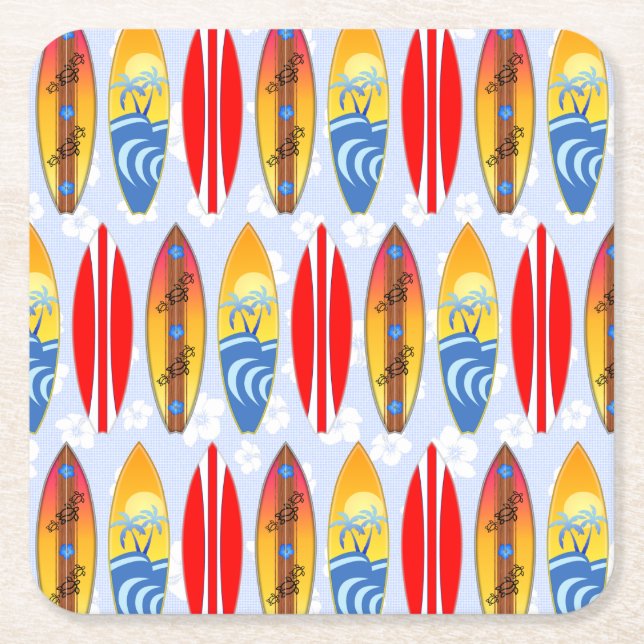 Retro Surfboards Light Blue Hibiscus Square Paper Coaster (Front)