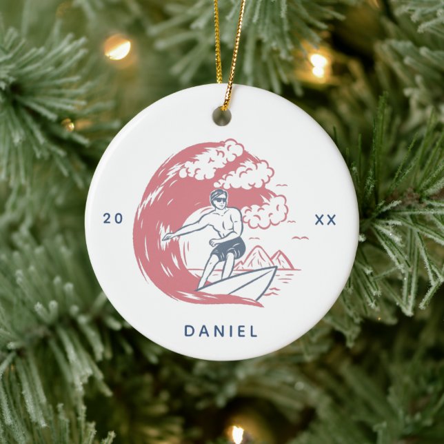 Retro Surfer Boy Beach Vibes Name & Year Big Wave Ceramic Ornament (Tree)