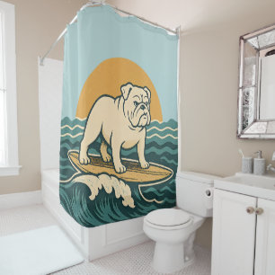 Retro Surfer Bulldog - Blue Coastal Surfing Dog