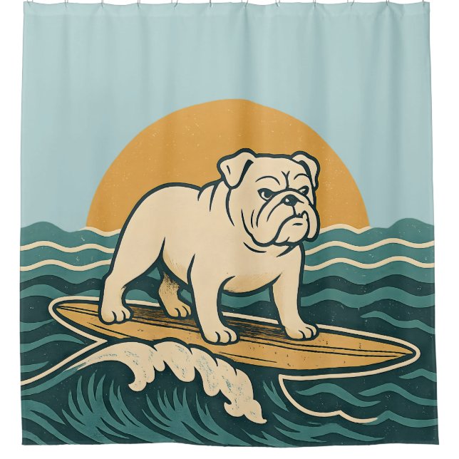 Retro Surfer Bulldog - Blue Coastal Surfing Dog (Front)