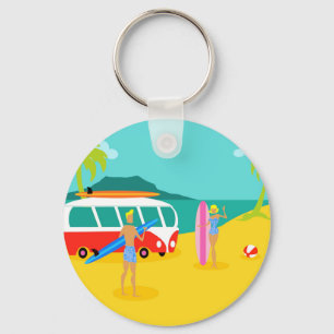 Retro Surfer Couple Button Keychain